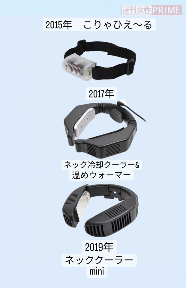 写真上から、2015年『こりゃひえ〜る』、2017年『ネック冷却クーラー＆温めウォーマー』、2019年『ネッククーラーmini』