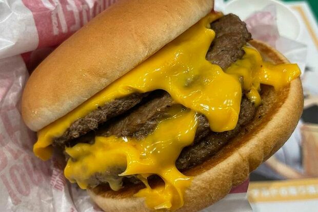 チーズバーガーが倍になったマクドナルドのダブルチーズバーガー。それをさらに倍にした倍ダブルチーズバーガー （470円）は夜マック専用メニュー（筆者撮影／東洋経済オンライン）
