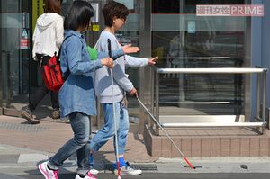 白杖を使って歩行訓練を行う視覚障害者。こうした動作は訓練を重ねないと習得できないが、コロナ禍ではままならない（ひかりの森提供）