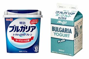 『明治ブルガリアヨーグルトLB81プレーン』（左）と1973年発売の『明治ブルガリアヨーグルト』のパッケージ