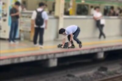 線路内に立ち入って逃走。向かいのホームによじ登った岩橋英治容疑者(Xより)