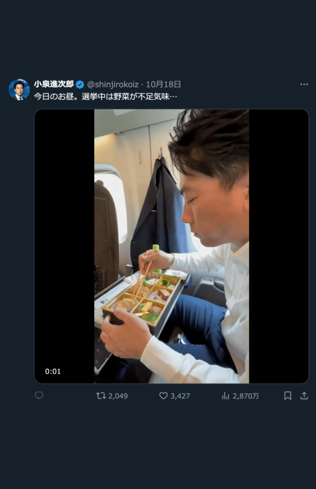環境相時代に脱プラスチックを掲げマイ箸を持ち歩いていることをアピールしていたが、今回の選挙中は普通に割り箸を使用(本人Xより)