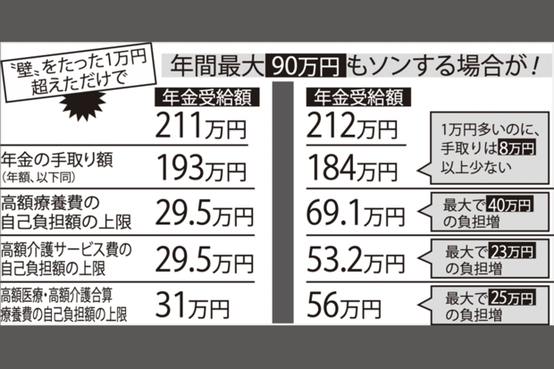 ※上記は横浜市で、夫婦ともに70歳～74歳、前年所得は公的年金のみで妻の年金が80万円超120万円以下の場合。※「年金の手取り額」は、配偶者の介護保険料も控除した額。