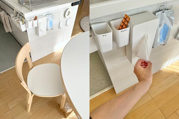 ダイニングテーブルから動かずに、必要なものが手に取れる工夫を。ティッシュも座ったまま取り出せる