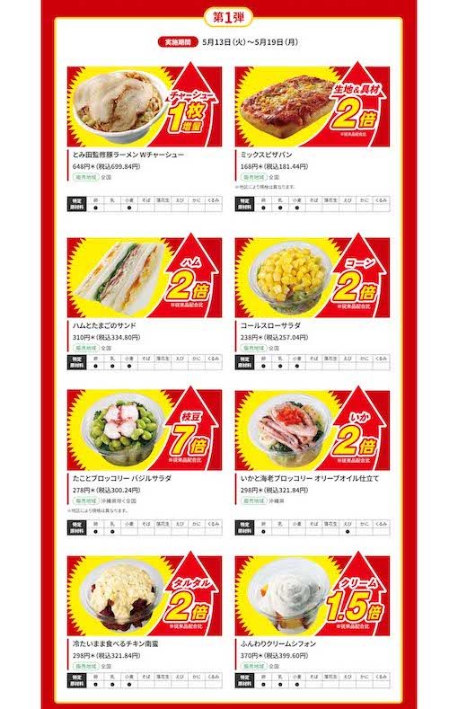 セブンイレブンが開催する「お値段そのまま！人気商品増量祭」の商品ラインナップ（セブンイレブン公式サイトより）