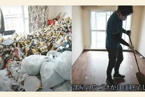 リビングのビフォー・アフター。この部屋は1時間半かけてゴミを一掃した（写真：「イーブイ片付けチャンネル」より）