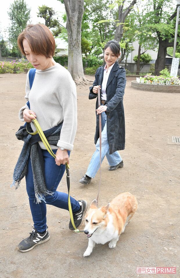 メロンと亀井さん。リードを2本使うことで飼い主の前を歩かないようにする訓練　撮影／渡邉智裕