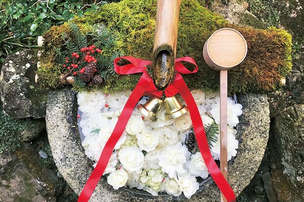 昨年12月。「クリスマスなので、白バラで清純な感じに。リボンとベルと松ぼっくりで飾りました」