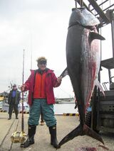 『第12回萩クロマグロトーナメント』で325キロの巨大クロマグロを釣り上げ優勝した松方弘樹さん〈萩市提供〉