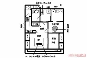 タニシさんが借りた14軒目の物件の間取り（一部省略）。血痕の少ない和室にレジャーシートを敷き、寝ていたという
