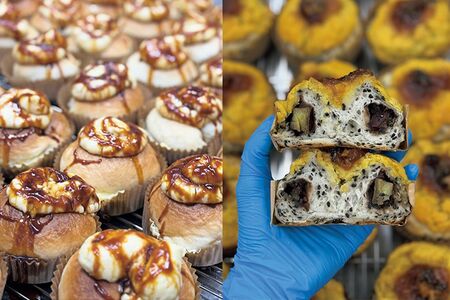 「とうもろこしの焦がし醤油カラメルカスタードプリン」（左）630円と「大学芋胡桃餡子スイートポテトケーキ」（右）680円