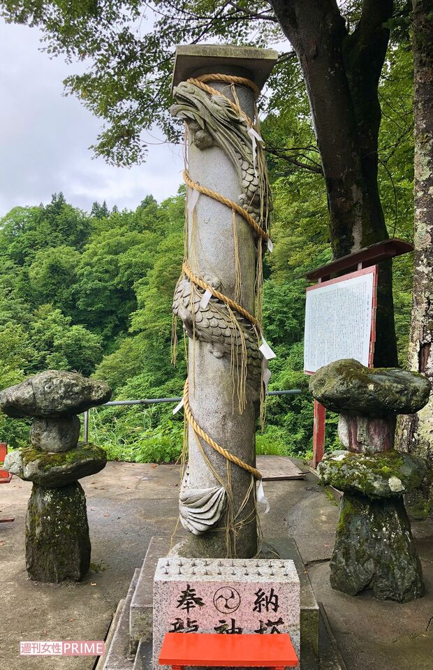 境内では、「高龍大神」と書かれた石碑や、龍神が巻きついた「龍神塔」にも手を合わせ、金運祈願を　新潟県・高龍神社