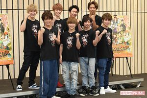 舞台「のべつまくなし改」の製作発表を行ったジャニーズJr.の宇宙sixら。（前列左から）原嘉孝、山本亮太、江田剛、松本幸大、（後列左から）村瀬文宣、室龍太、坂元健児、清水順二