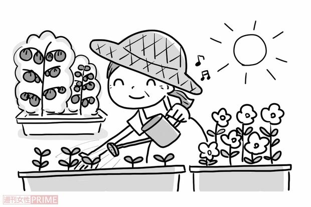4.家庭菜園で日光を浴びる（イラスト／ますみかん）