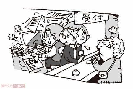 6.受付横で事務員が大忙し（イラスト／小島サエキチ）