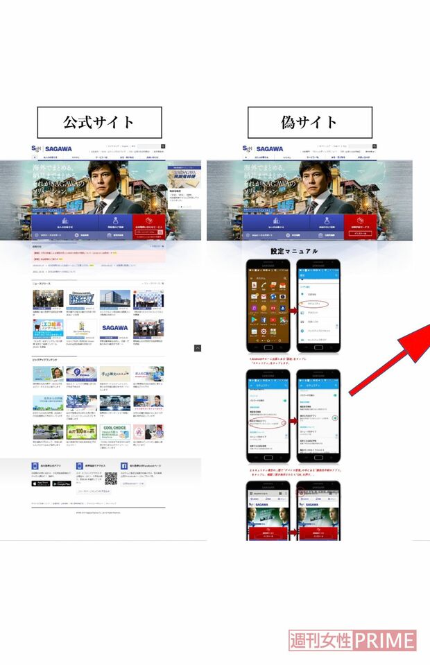 詐欺 佐川急便の公式サイトと偽サイトを比べたもの。トップページの写真はあえて同じものが使われている。だが偽サイトには不正アプリを防ぐための設定を解除する方法が……(三上さん提供)