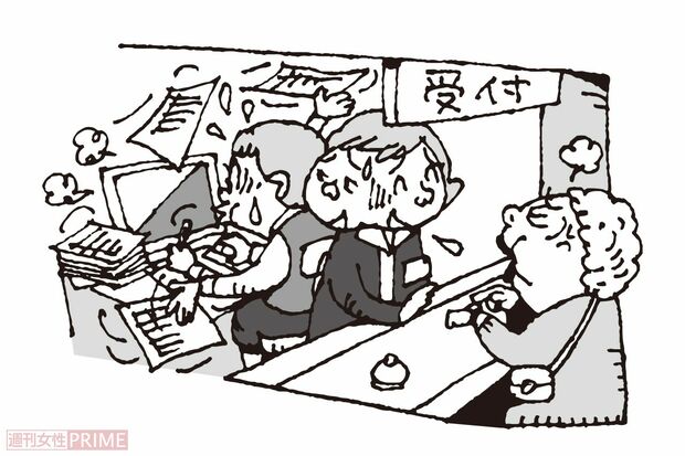 6.受付横で事務員が大忙し（イラスト／小島サエキチ）