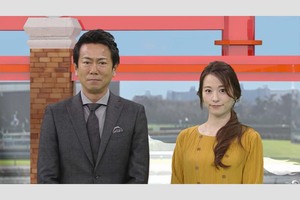 イケオジ健在の東幹久。アシスタントMCの宮島咲良と（BSイレブン競馬中継 SUNDAY　2020年1月プレスリリースより）