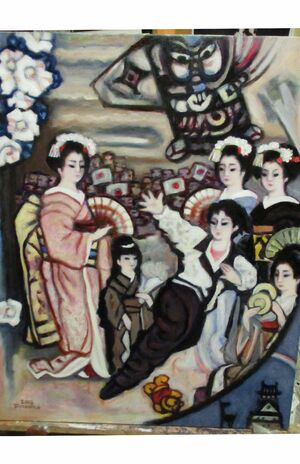 昌磨がモデルの作品『氷上の舞』。藤雄さんが得意な日本独自の文化を題材にした絵の中に、スケートを滑る青年が。絵の下部には、羽生の大好きなあのクマの姿も。早くもマルタ共和国に出品が決定