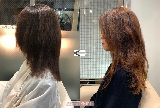 シャギーで傷んだ髪（写真右）から、MAYUMIさんカットを経て美髪に！（写真左）