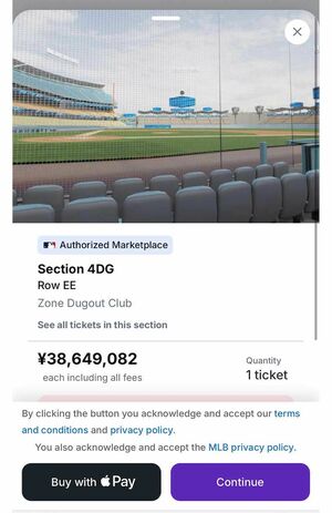 大谷翔平が登板するワールドシリーズのチケット。マウンドの近くであるバックネット裏の席は1席3000万円を超える出品も（販売サイトより）