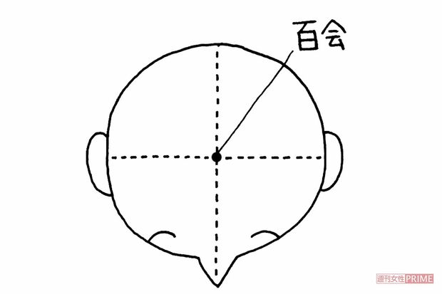 百会（ひやくえ）左右の耳を結ぶ線と正中線の交点。押すとツーンと痛む場所。イラスト／水口アツコ