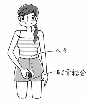 【メソッド1】へそから恥骨結合を結ぶラインを上から下にペットボトルの底面を数回に分けて押し当てる。「熱い」と感じたら離す→また押し当てる→離す、を数回繰り返す。