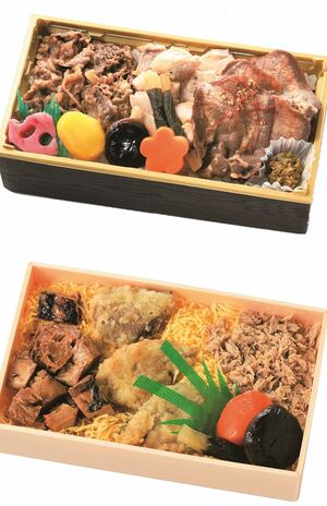 上：「常磐街道味めぐり」（1500円／各日800食販売予定）　下：「常磐線全線開通記念鰹づくし弁当」（1000円／各日1000食販売予定）