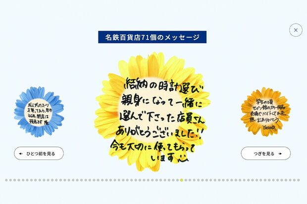 「71年分の歴史展」で寄せられた中から、ナナちゃんが着用しているサイネージ衣装にて紹介している厳選した71個のメッセージ（名鉄百貨店公式サイトより）