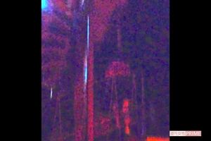 夜の螺旋階段に何やら人影が……。アップして見ると、女性らしき後ろ姿。階段を上っているのか、つるされているのか。ここは立ち入り禁止で、誰も入っていないことは確かだったという