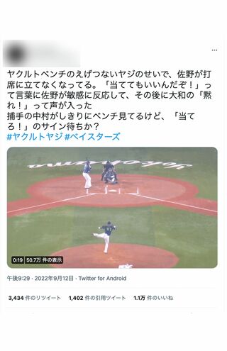 ネット上では問題の“ヤジ”シーンが切り抜き、拡散されている。内角球に警戒する佐野選手