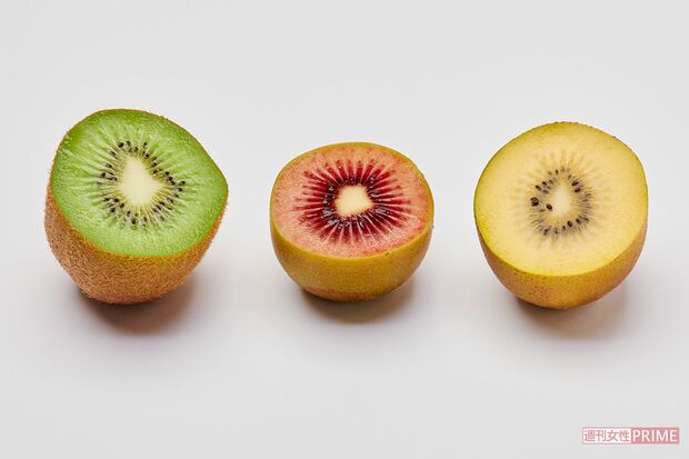 ゼスプリのキウイ。左からグリーン、ルビーレッド、サンゴールド