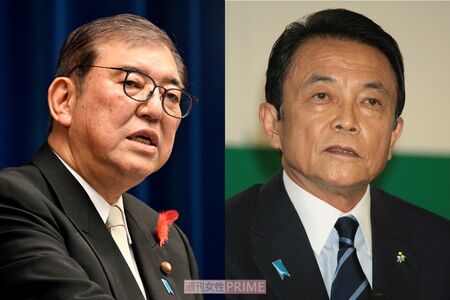 石破茂首相（左）と麻生太郎氏