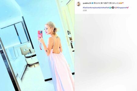 《明らかに食べ過ぎて肥えました》というコメントとともに、ワンピース姿の写真を投稿したあびる優。背中や腕に入ったタトゥーもはっきり見える(本人のインスタグラムより)