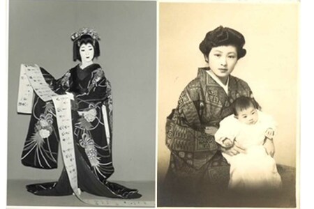 母・昌子さんに抱かれた0歳のときの安藤和津（右）。日舞で和装をした和津は、昌子さんにそっくり!?（左）