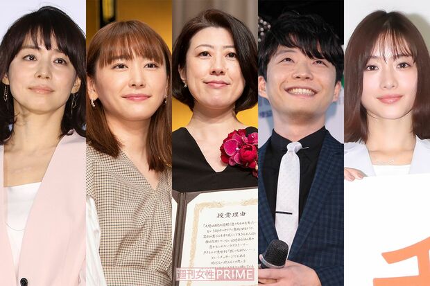 （写真左から）石田ゆり子、新垣結衣、野木亜紀子さん、星野源、石原さとみ