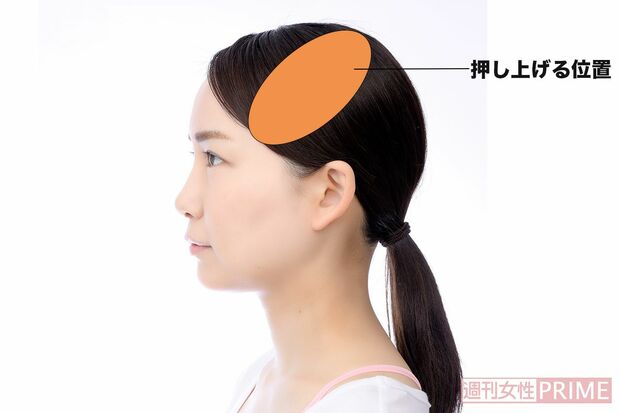 側頭骨押し上げの押し上げる位置　モデル／いはらようこ（ミューズ）　撮影／菅沢健治