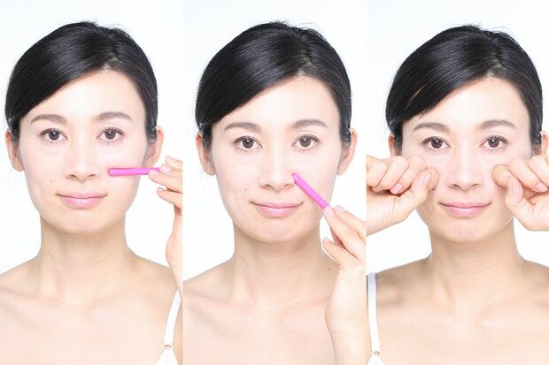 左から（1）頬のリガメントを小刻みにほぐす（2）小鼻のキワを斜めにほぐす（3）頬のリガメント全体を優しくほぐす