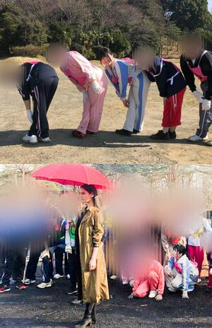 『Missデビル』の撮影に参加した容疑者(上)。菜々緒とも共演(ともに番組公式インスタグラムより、編集部一部加工)