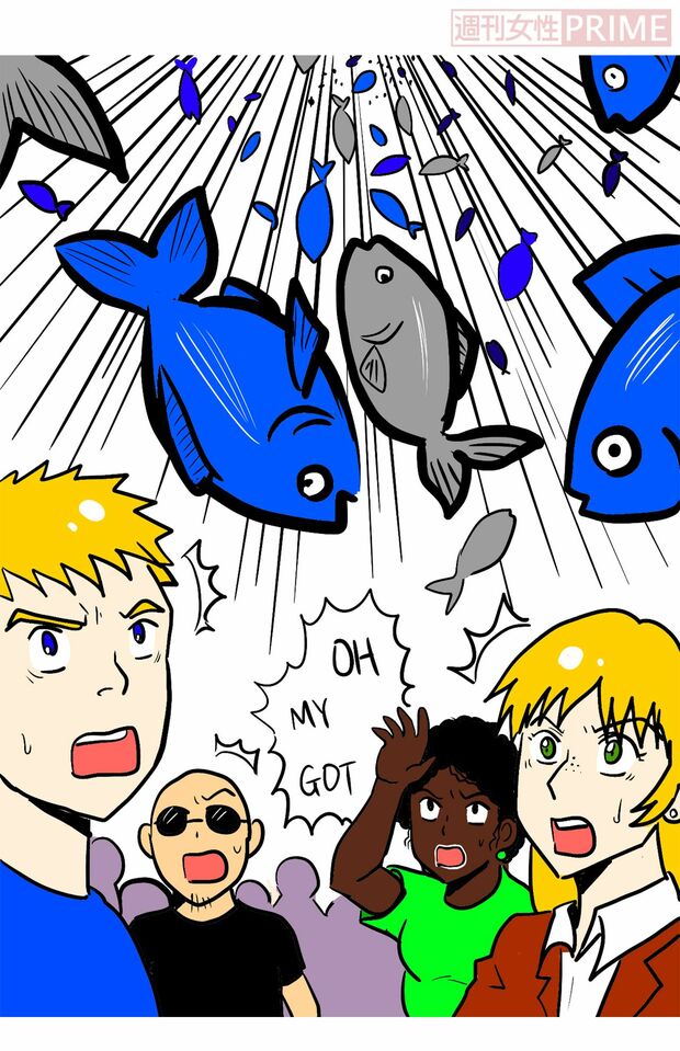 竜巻や台風、ハリケーンなどによって海の生物が空中に吹き上げれらるという　イラスト／こうき