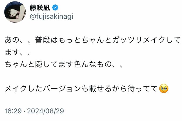 批判に対して反論する藤咲凪（藤咲凪公式Xより）