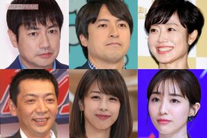 左上から時計回りに羽鳥慎一、桝太一、有働由美子、田中みな実、加藤綾子、宮根誠司