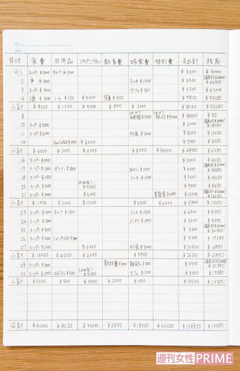 月の家計簿記入例