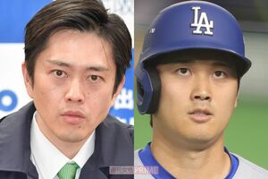 大阪府の吉村洋文知事（左）と大谷翔平