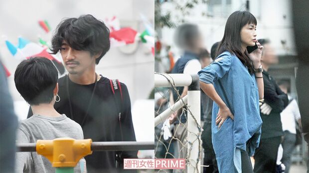 （左）瑛太のもとに木村カエラが駆け寄って、笑顔で話し込む2人。（右）長谷川京子。ママ友と談笑したり、子どもの応援をしたり、電話をかけたりして1日中、動き回っていた（'16年10月）