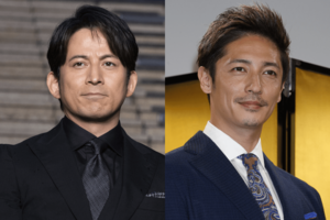 5段階中、上から2番目の茶帯を有する岡田准一（左）と青帯クラスで大会に出場した玉木宏（右）