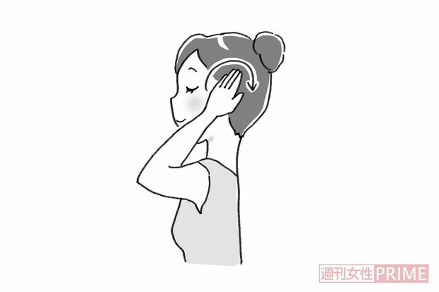 【4】手のひらで耳全体を覆い、後ろ方向に5回、円を描くようにゆっくりと回す。　イラスト／赤松かおり
