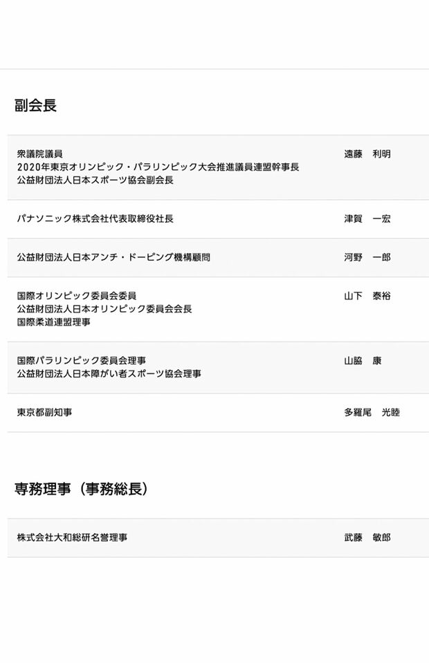 組織員会の役員一覧（『東京2020組織委員会』HPより）