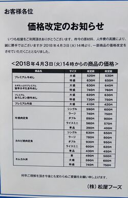 松屋の店頭では4月3日の午後2時から値上がりすると貼り紙が