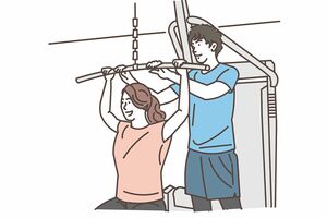 ジムにある「ラット・プルダウン」というマシンをイメージして、両腕を上げ下げしてみる ※写真はイメージです